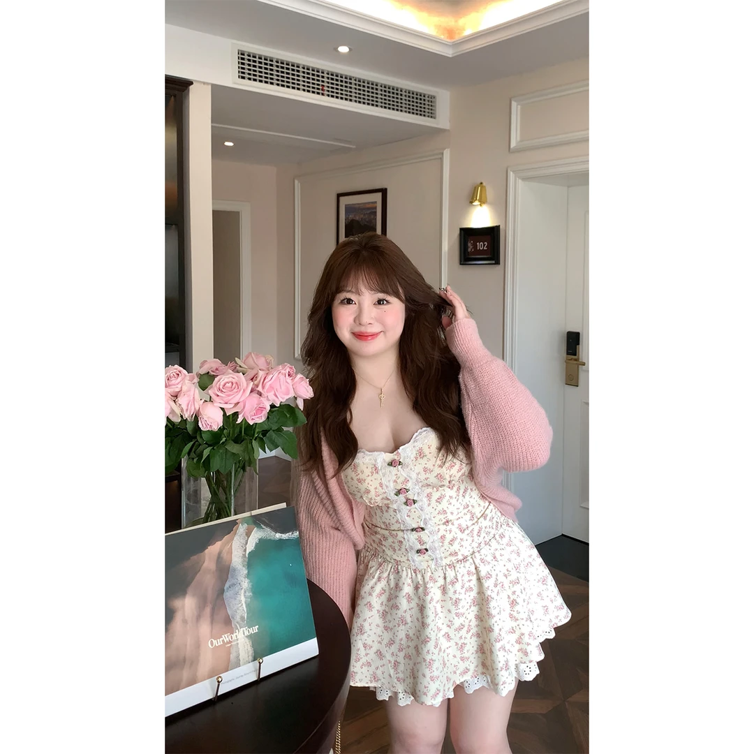 法式碎花吊带+弹力双层蛋糕裙套装/粉色蝙蝠袖针织开衫