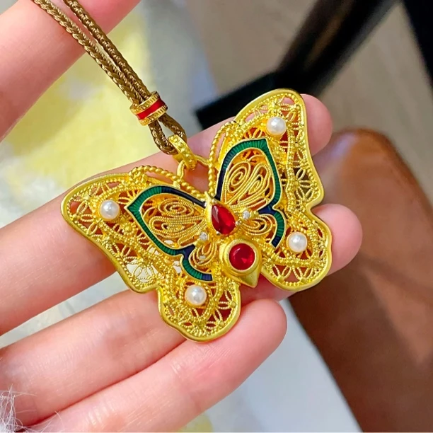 非金属布艺项链 古法鎏金珐琅花丝 玲珑花蝴蝶毛衣链