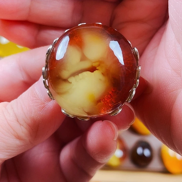 琥珀银S925镶嵌裸石戒指