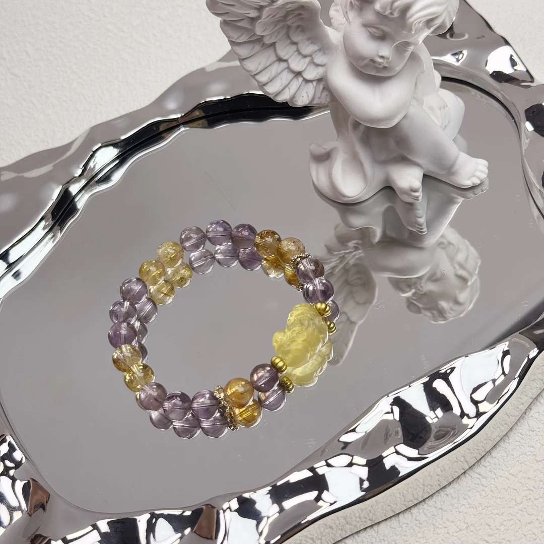 【小美满】天然紫水晶黄水晶搭配萤石貔貅8mm+ 多样性发其一W110