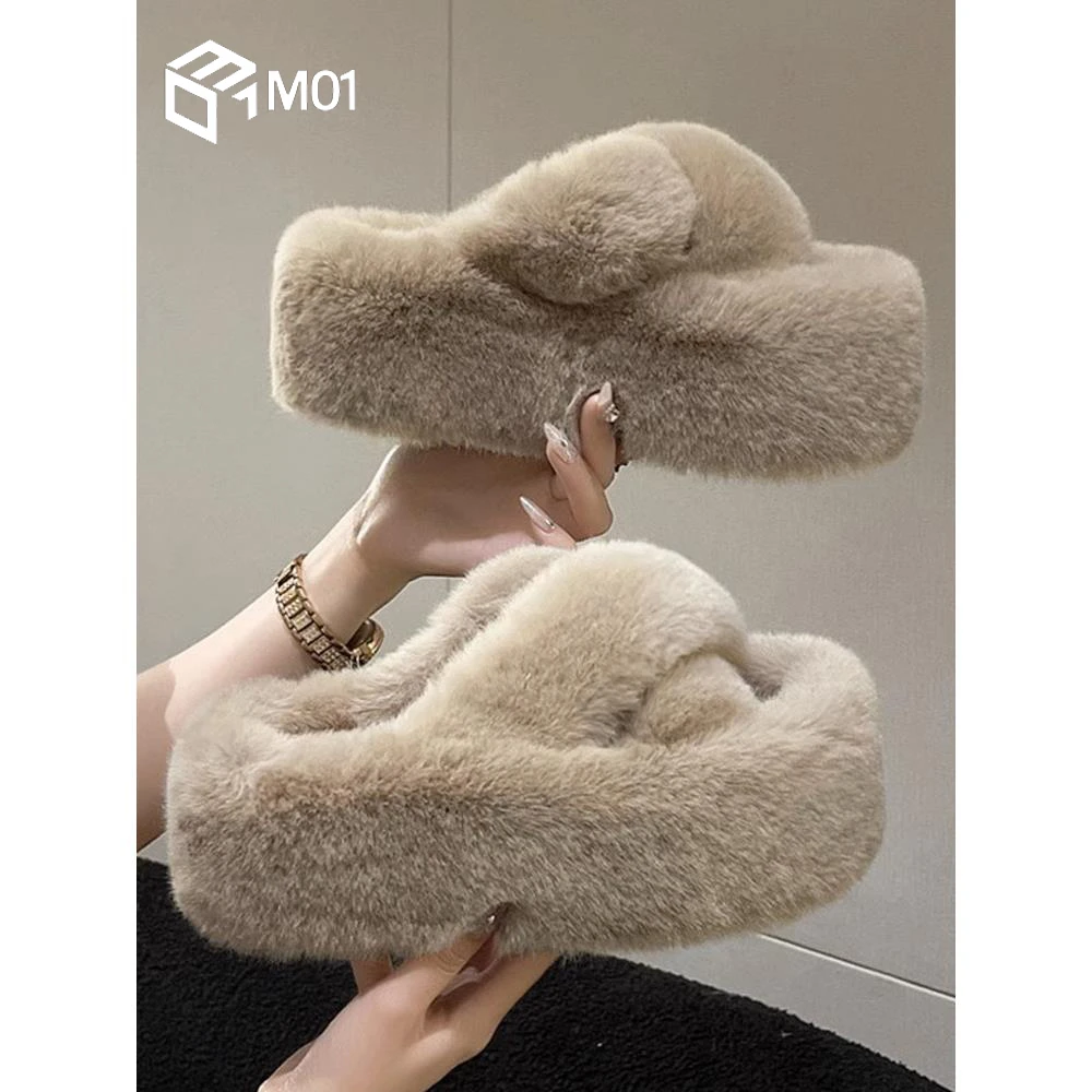 M01白色舒适网红增高防滑厚底毛毛拖鞋女秋外穿新款室内家居棉拖