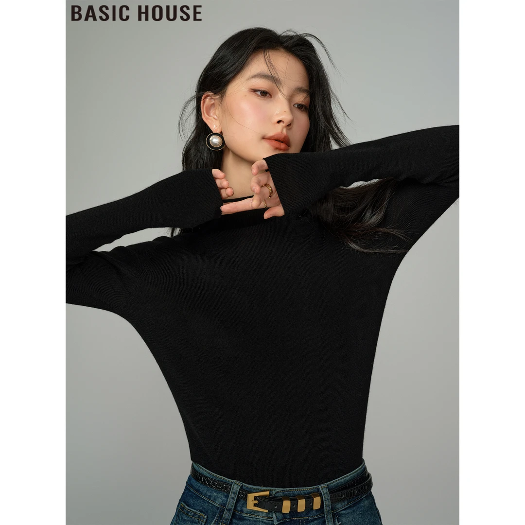 Basic House/百家好黑色半高领弹力修身内搭羊毛针织打底衫女秋冬