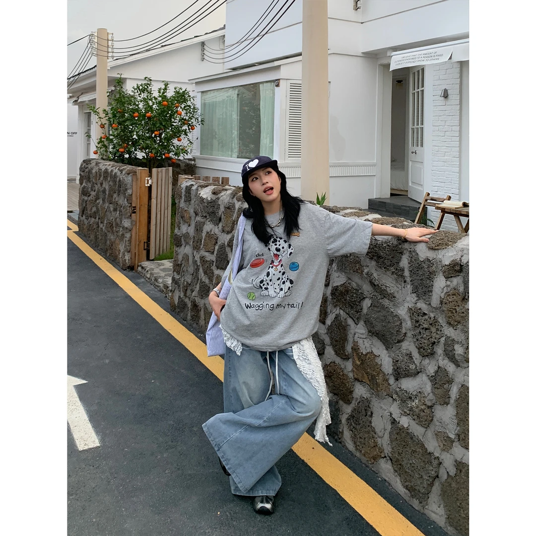 木子羊 美式复古斑点狗黑色短袖T恤女夏季新款宽松重磅半袖