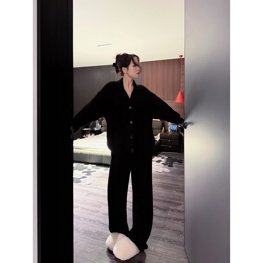 doubleoo半边绒家居服高领纽扣开衫女宽松慵懒气质可外穿睡衣软糯