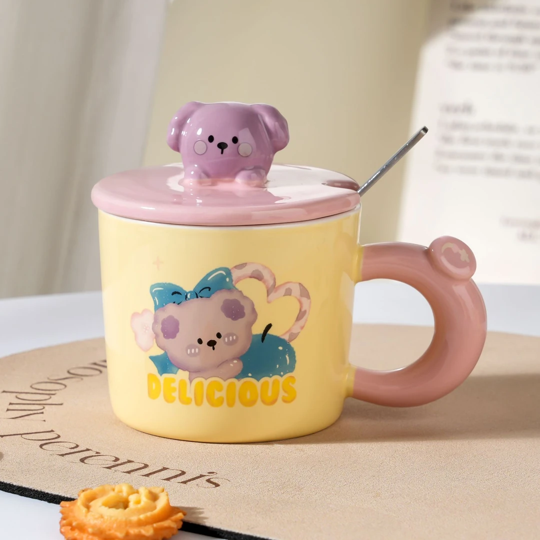 花朵小熊杯家用儿童杯子带盖勺情侣早餐杯陶瓷马克杯可爱小熊水杯