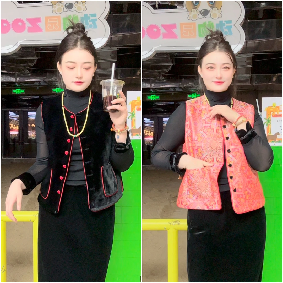 冬季国风圆领双面穿丝绒马甲女时尚气质显瘦百搭马夹上衣新款8100