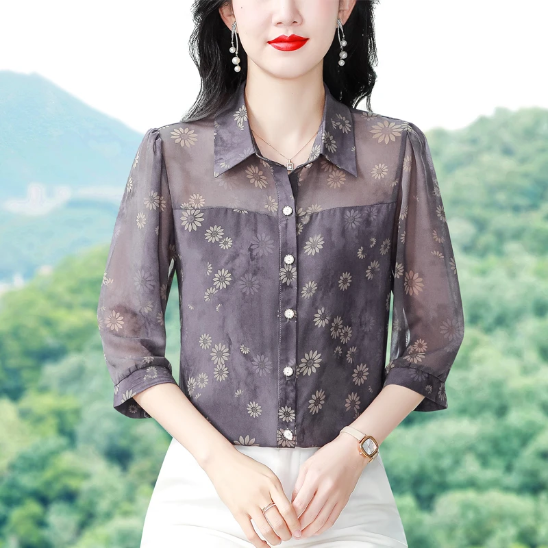 印花雪纺衬衫女上衣2025春夏新款女士端庄时尚气质宽松显瘦衬衣潮