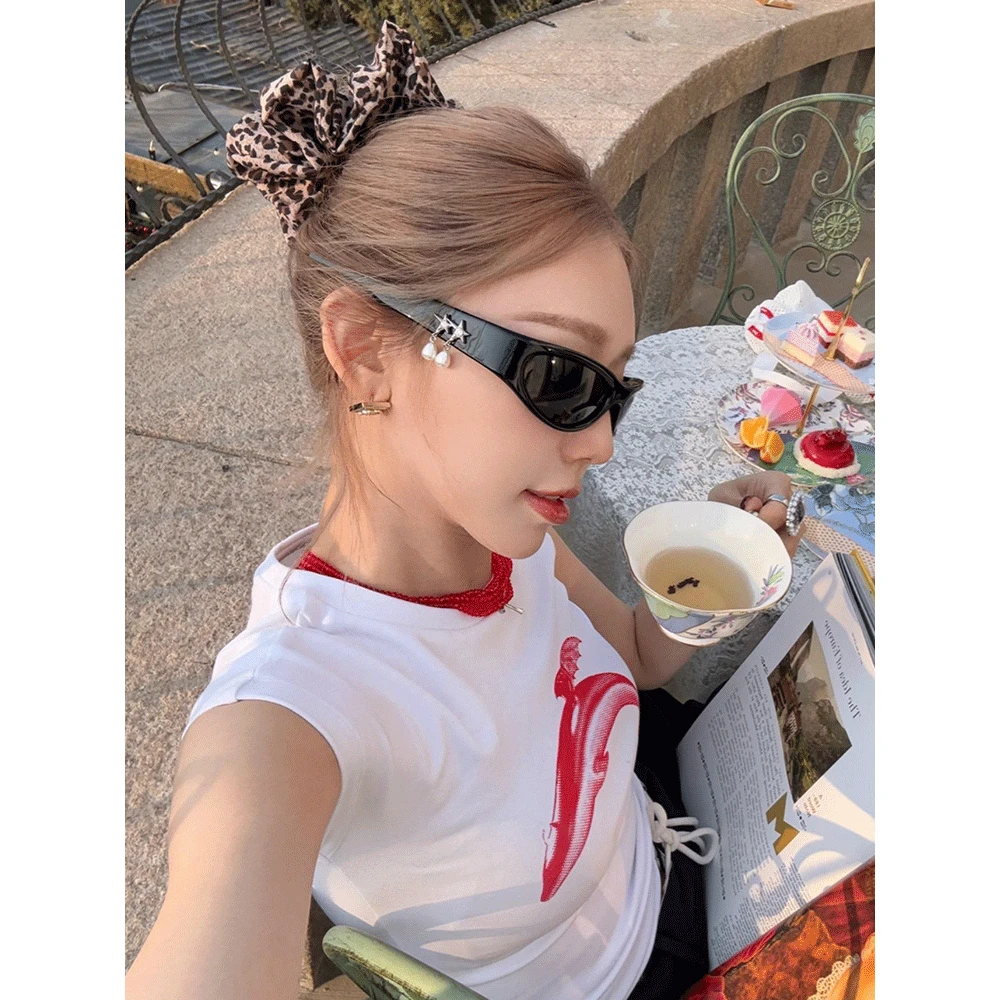 美式复古撞色时尚短袖t恤女夏季甜美风印花设计感撞色拼接上衣潮