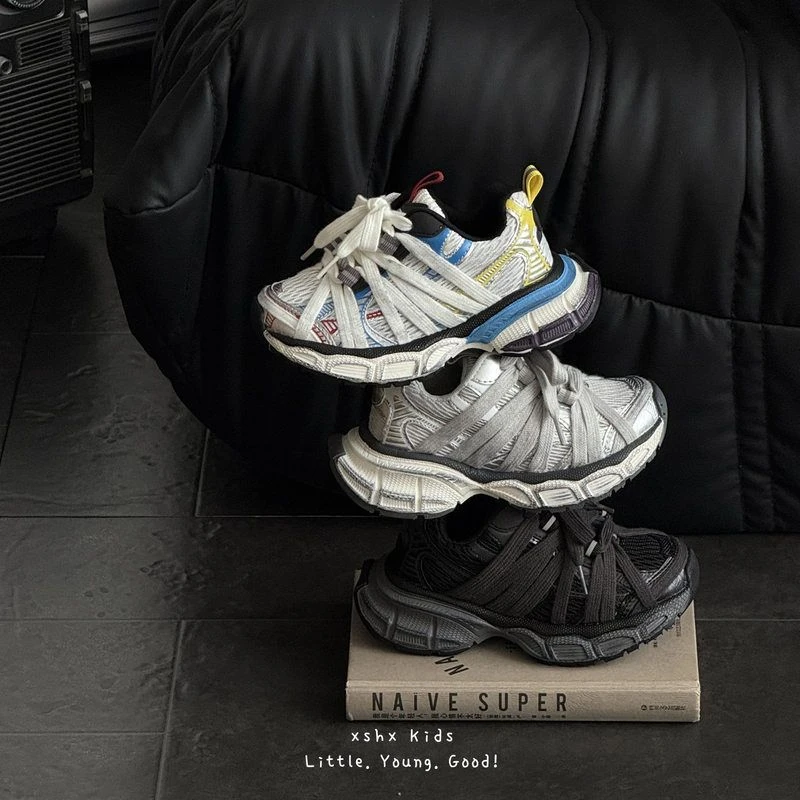 巴黎重工脏脏老爹鞋秋双网男女童蜘蛛网绑带男女童魔术贴运动鞋