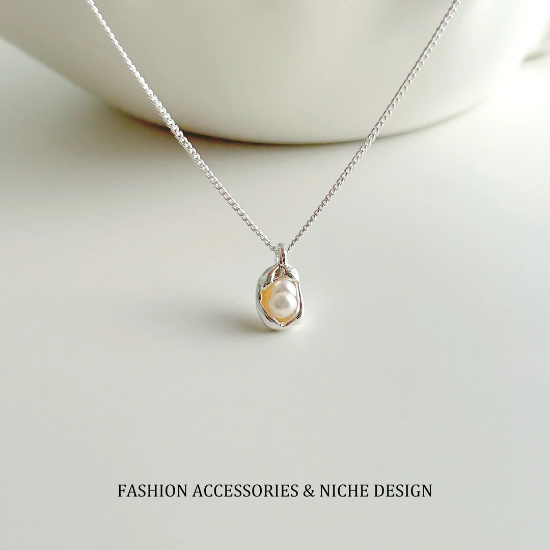 银陶瓷吊坠 高级感不规则豌豆荚珍珠吊坠项链女冷淡风简约小众时