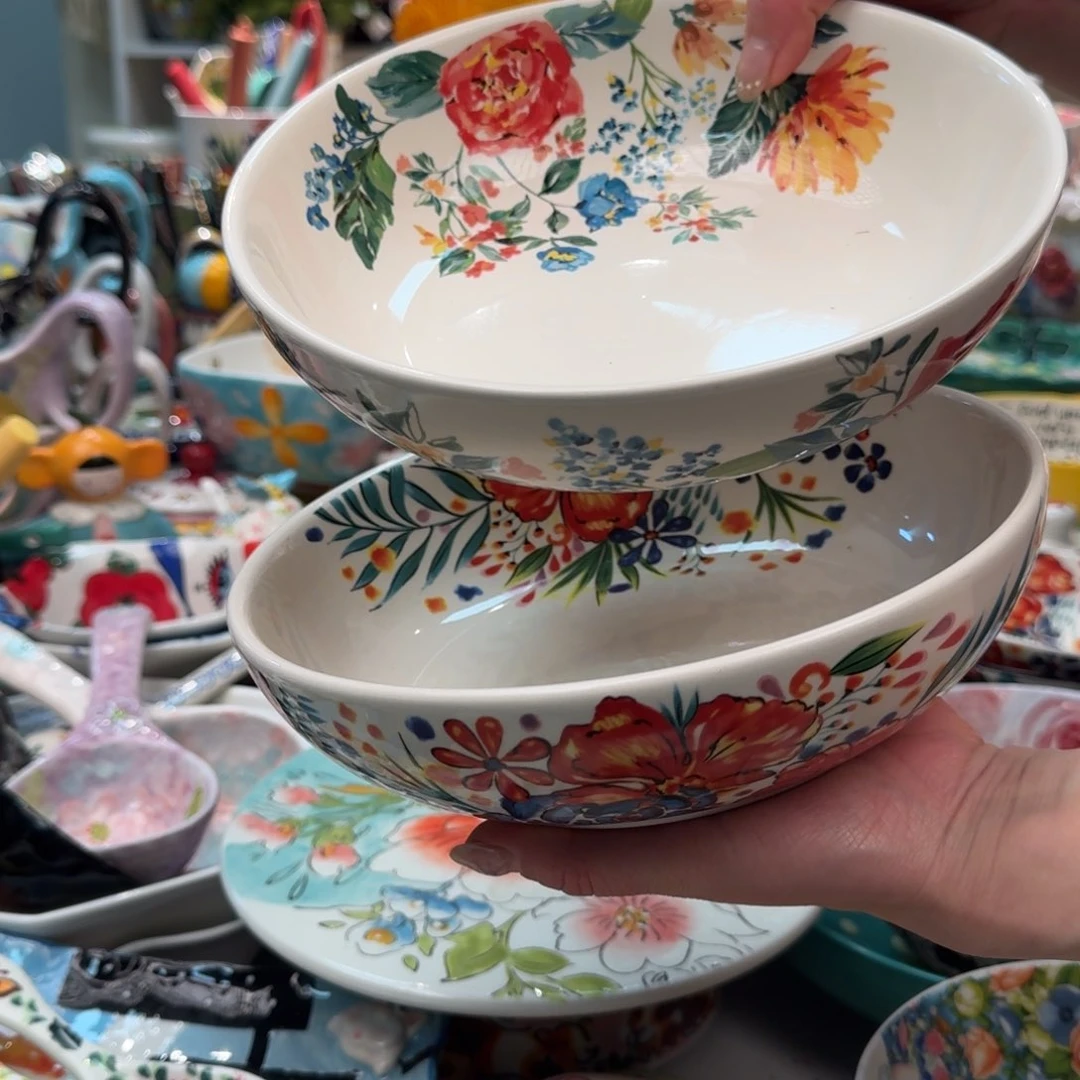 瓷片8英寸外贸深盘2只，繁花，早秋