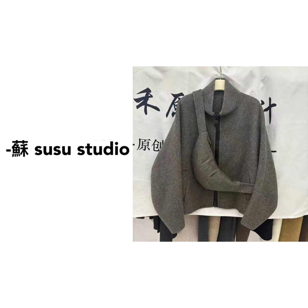 JS秋冬季新款拉链包包双面羊毛大衣女短款显瘦羊毛呢外套女0989