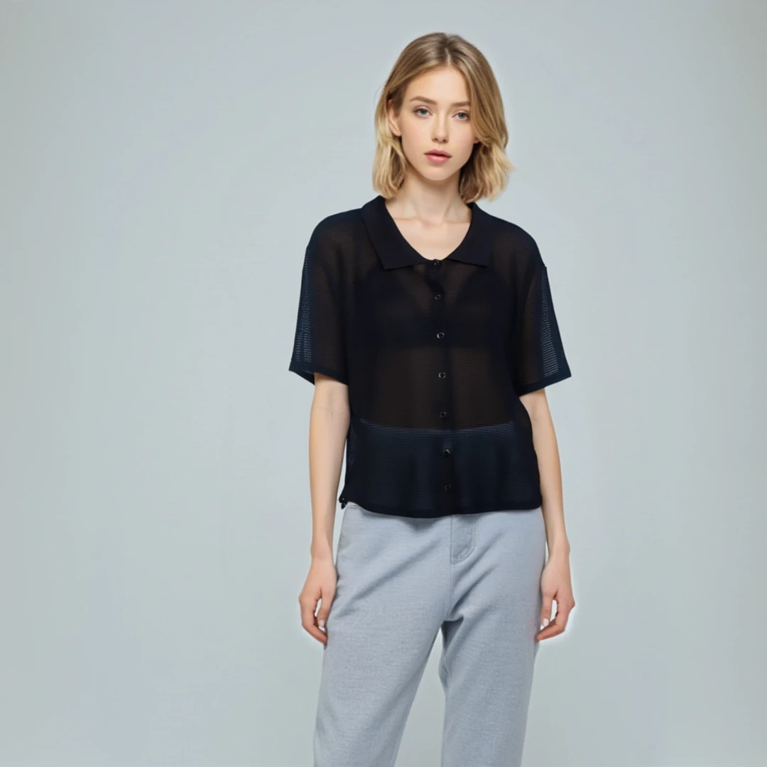 788号 镂空微透翻领单排扣短袖衬衫女宽松开衫简约休闲百搭上衣