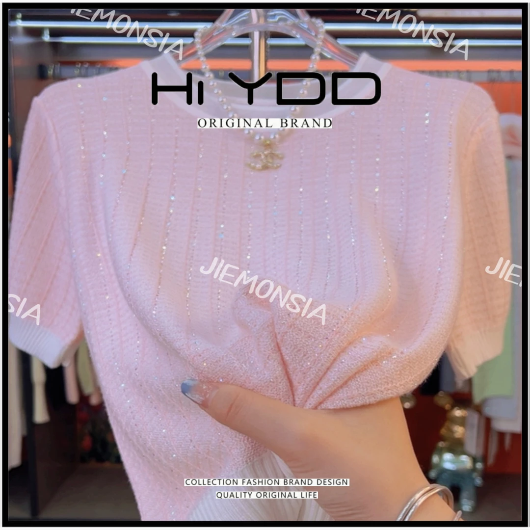 YDD•「405」春夏新款蕾丝镶钻圆领针织衫女气质显瘦百搭短袖女上衣