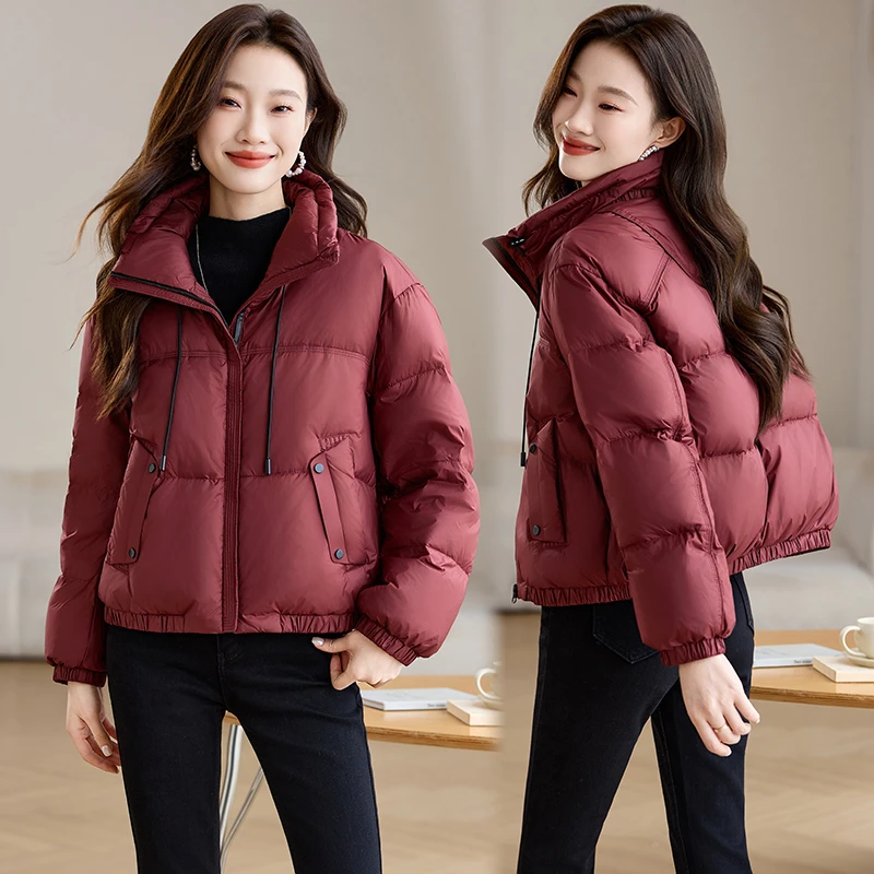 红色羽绒服女短款2025冬季新款立领加厚保暖宽松小个子白鸭绒外套