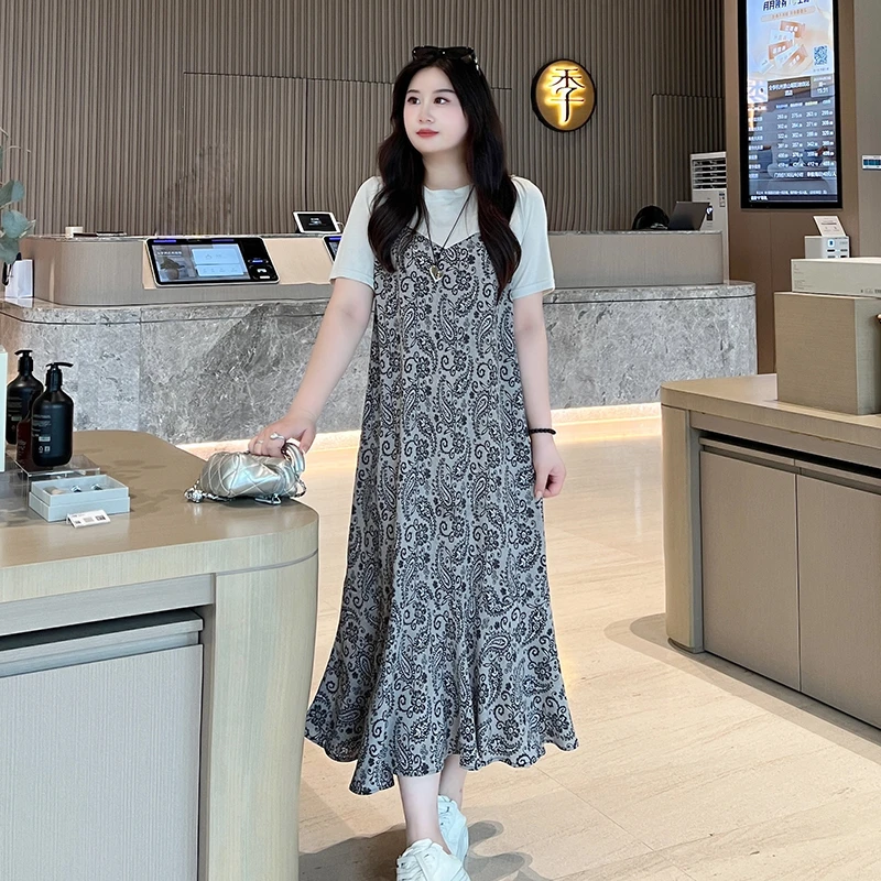 韩版设计感假两件连衣裙2025夏大码女装宽松显瘦A字长裙262694