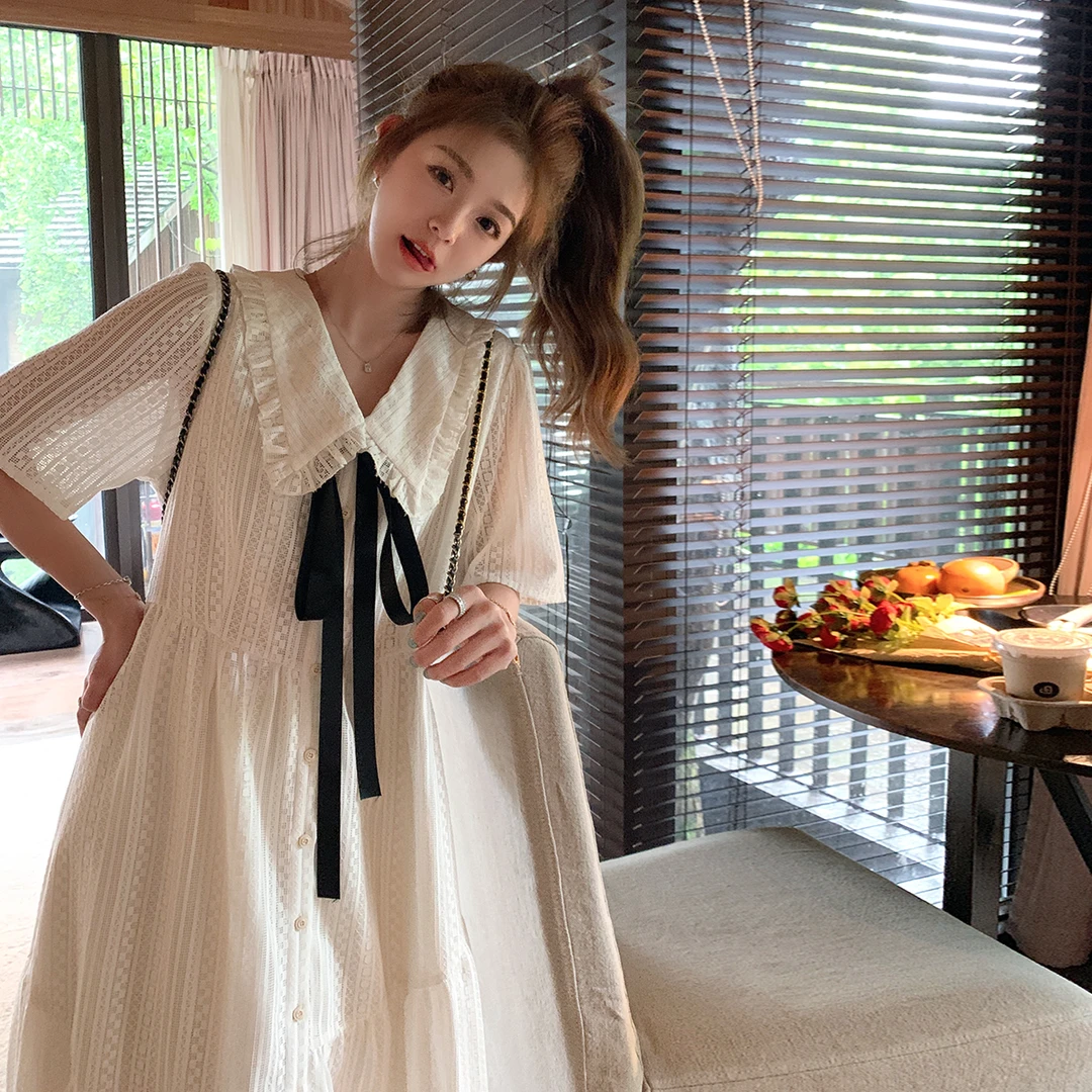 白色蕾丝娃娃领连衣裙夏女2025新款学院风甜美宽松减龄长款裙子