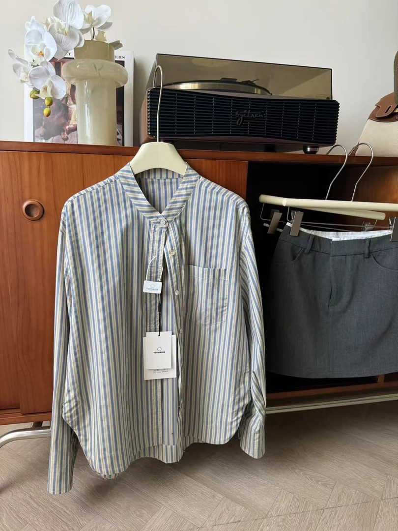 YOI MAGIS【银色罗马 】高织全棉色织条纹小立领宽松百搭早春衬衫