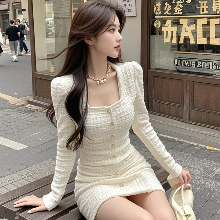 2025秋季新款白色方领长袖小香风连衣裙高级感轻奢名媛千金风短裙