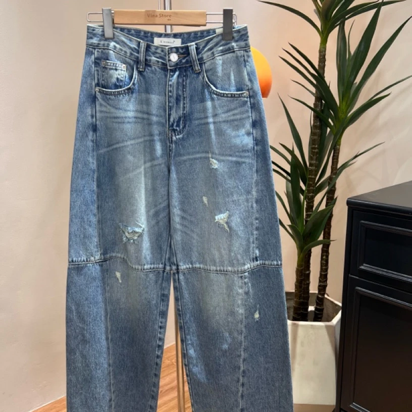 66397#SUOMALA#欧货街头风破洞褶皱牛仔裤