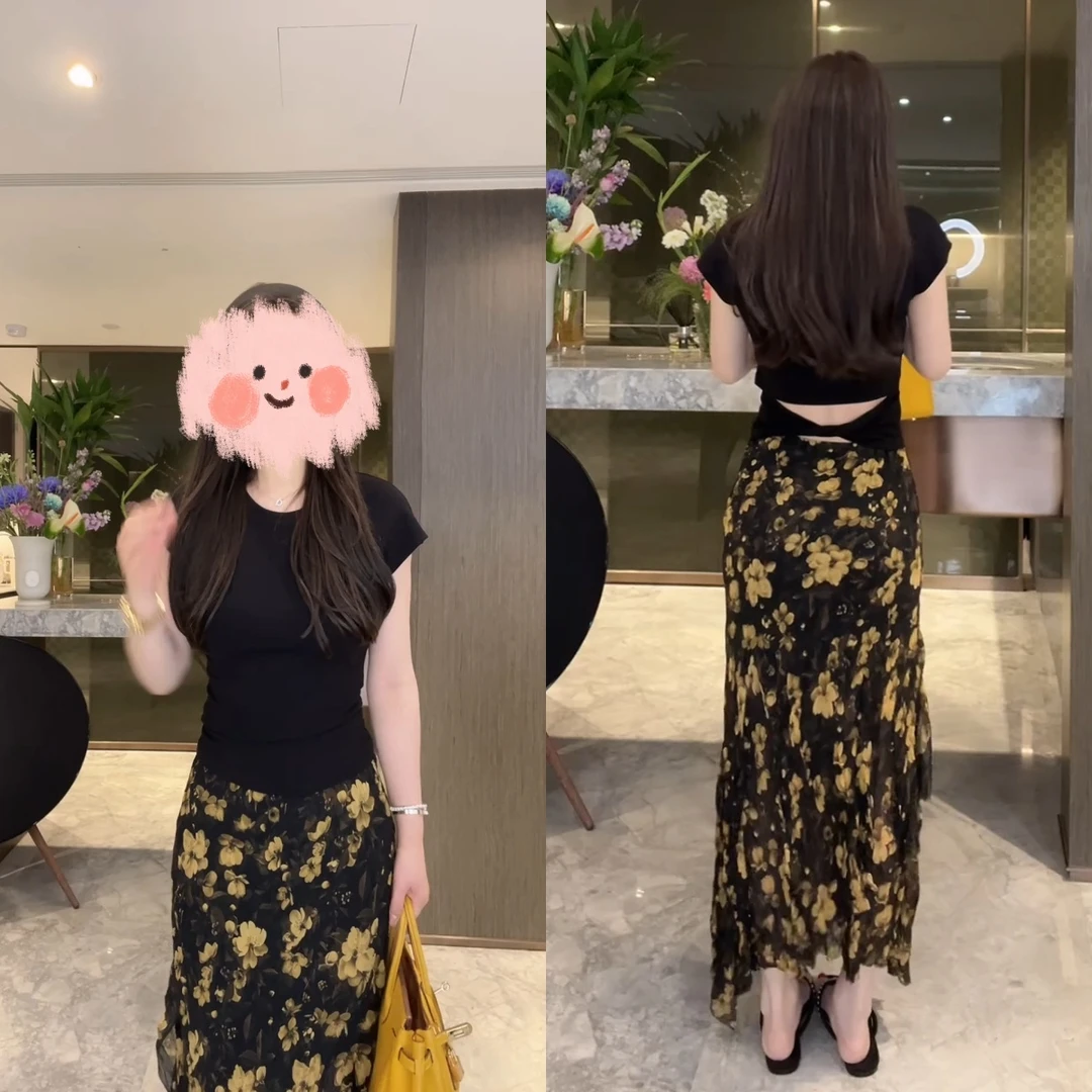 小众炸街高级感套装女露背t恤上衣碎花半身裙两件套春游出行衣服