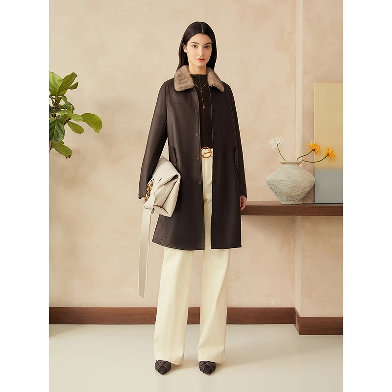 YINER音儿专选2025春季新款中长款水貂毛领真皮皮衣8C65109146