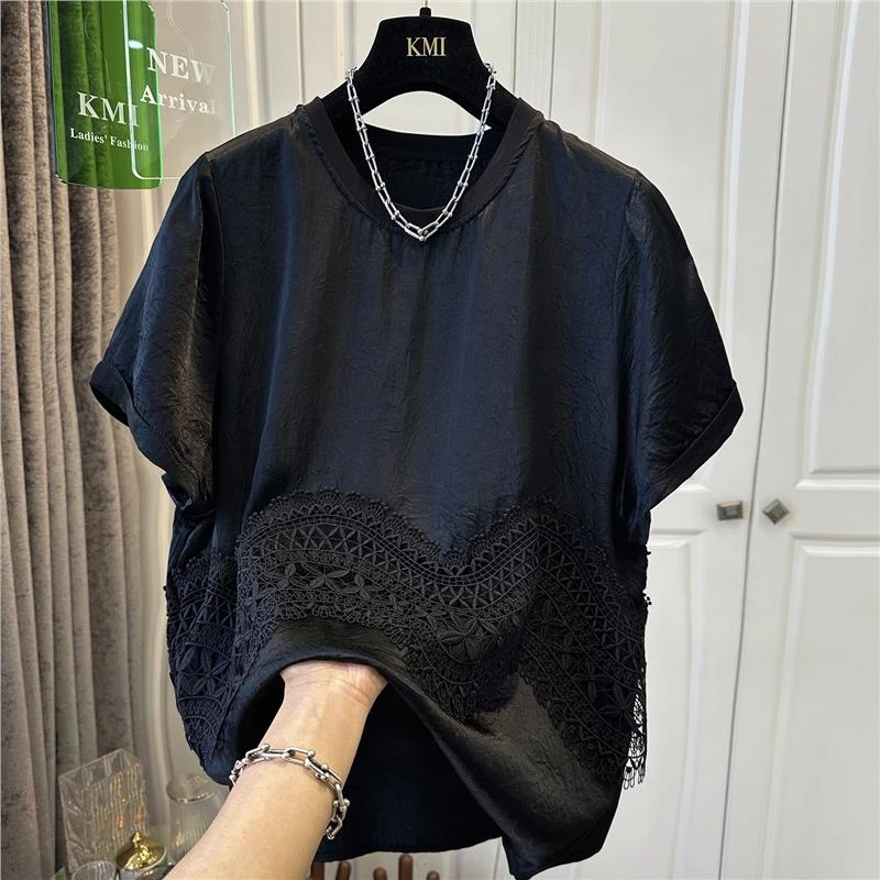 300斤特大码高级感黑色圆领蕾丝拼接醋酸短袖t恤宽松夏季男装上衣