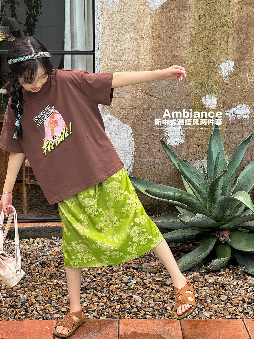 女童套装夏2024新款儿童短袖T恤洋气短裙半身裙两件套SY510