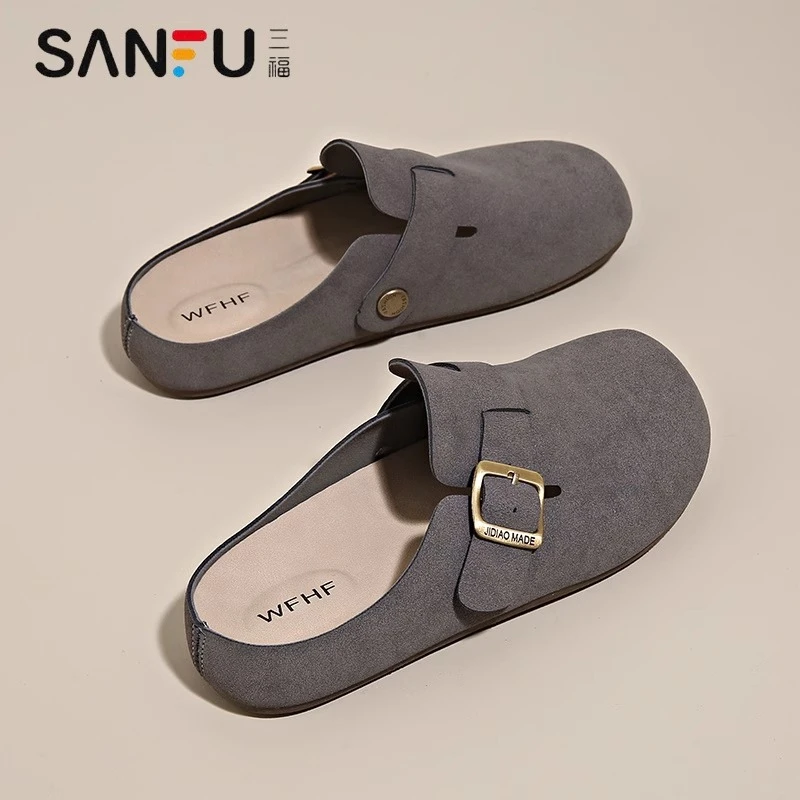 三福勃肯鞋女2025春秋新款外穿博肯包头半拖鞋一脚蹬休闲懒人单鞋