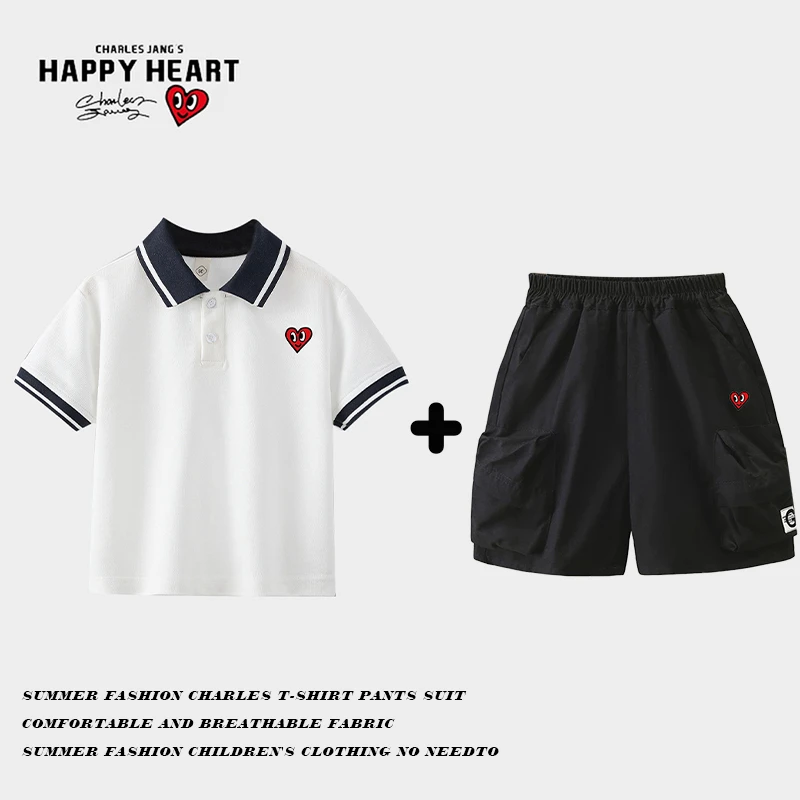 韩国查尔斯桃心夏季简约撞色POLO衫休闲裤时尚百搭套装亲子
