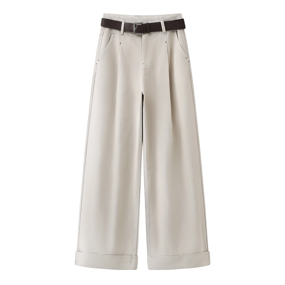 2026春季新款百搭高腰阔腿裤腰带显瘦牛仔裤长裤女1152