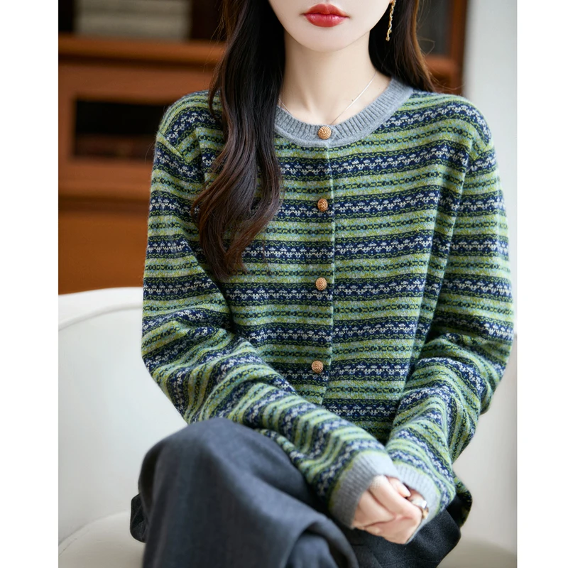 复古减龄羊毛开衫女款圆领条纹气质休闲秋冬毛衣外套2025新款上衣