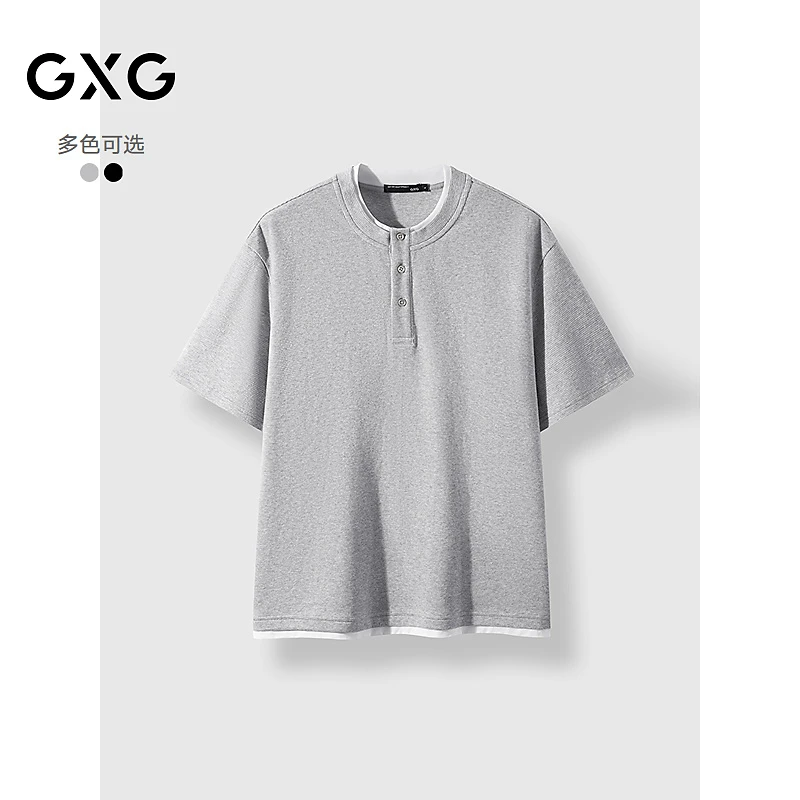GXG男装纽扣半开襟圆领短袖T恤25年夏新品#G25D442356