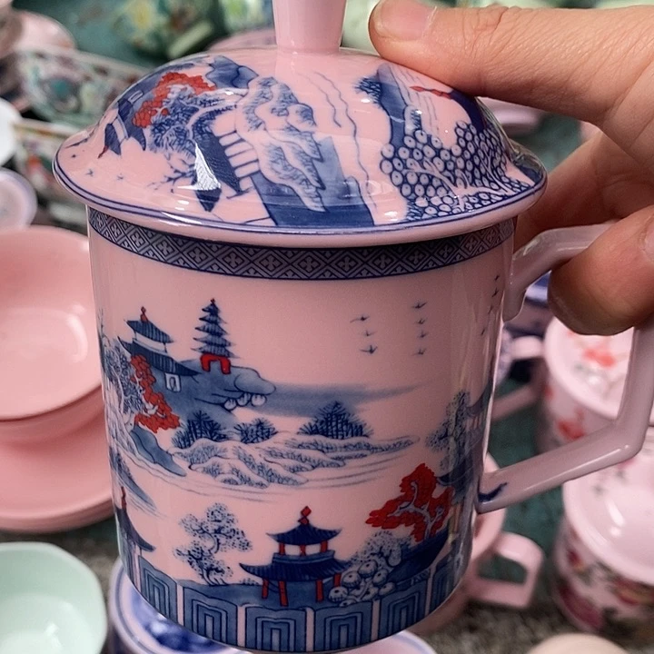 摆件陶红稀土梧桐釉里红直筒办公杯