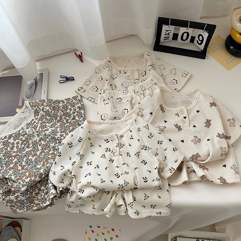 婴儿夏季新款北欧风儿童空调服套装家居休闲服男女童宝宝短袖夏装