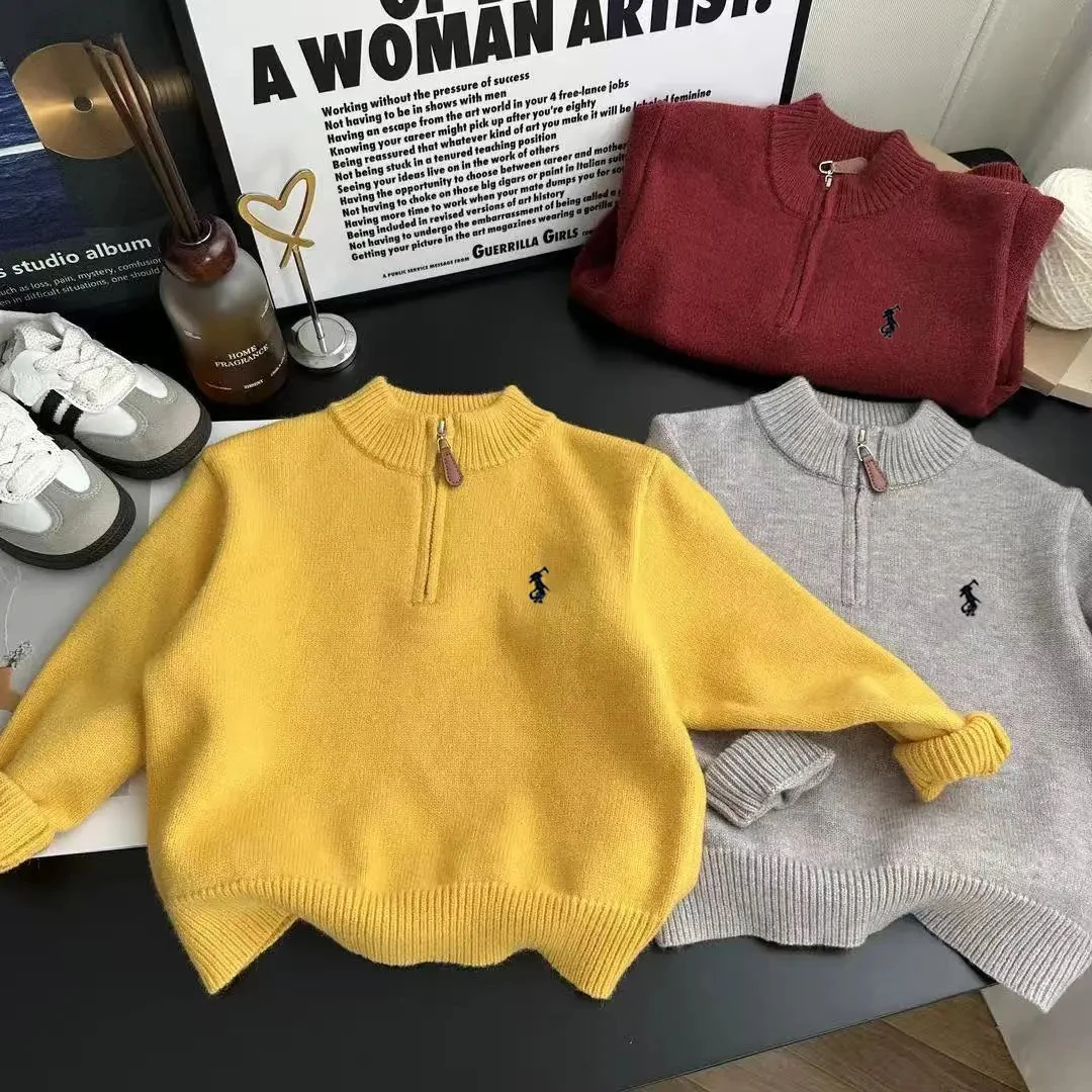 韩国男女童毛衣半拉链针织衫秋季洋气新款儿童韩版刺绣套头打底衫