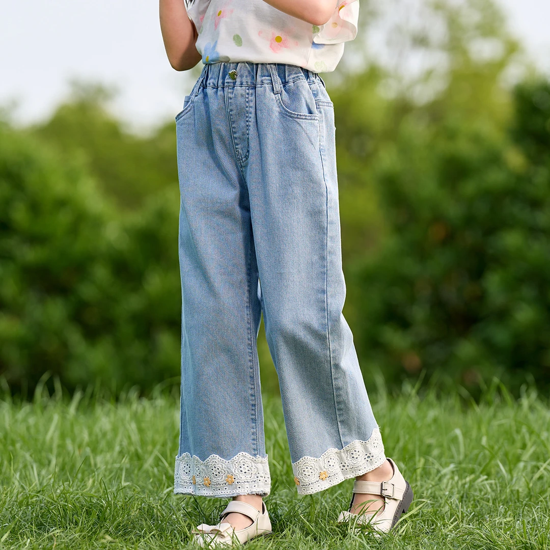 梦特娇蕾丝花边阔腿九分软牛仔裤女童春夏款透气时尚休闲长裤42