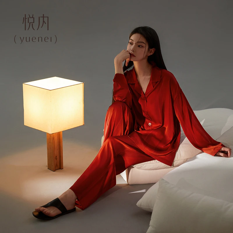 悦内睡衣女款春秋季秋款长袖冰丝绸家居服红色本命年蛇年条纹薄款