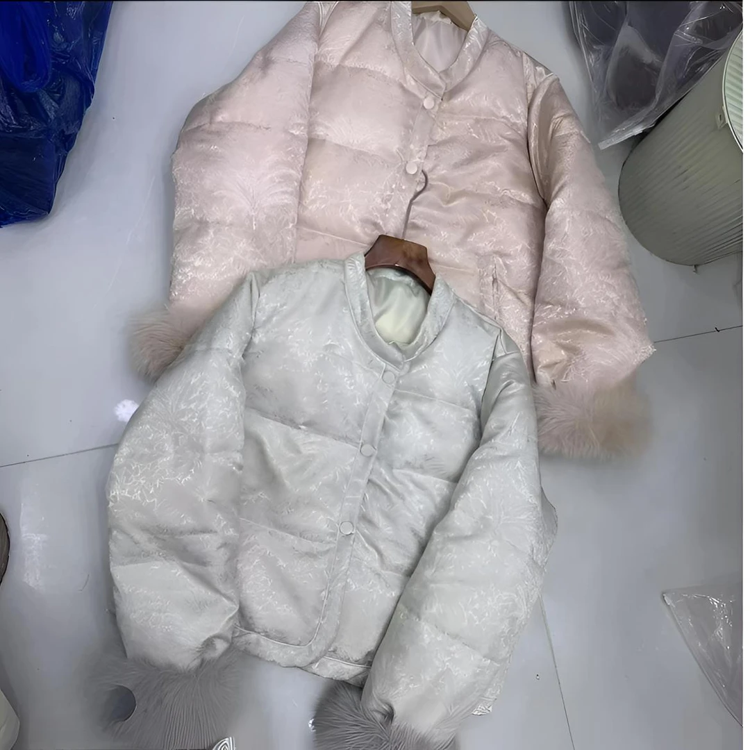 新中式国风浮雕提花棉服女冬新款名媛气质毛袖保暖外套