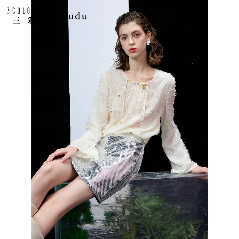 三彩ibudu2025春季新款新中式国风剪花小衫女轻奢衬衣复古