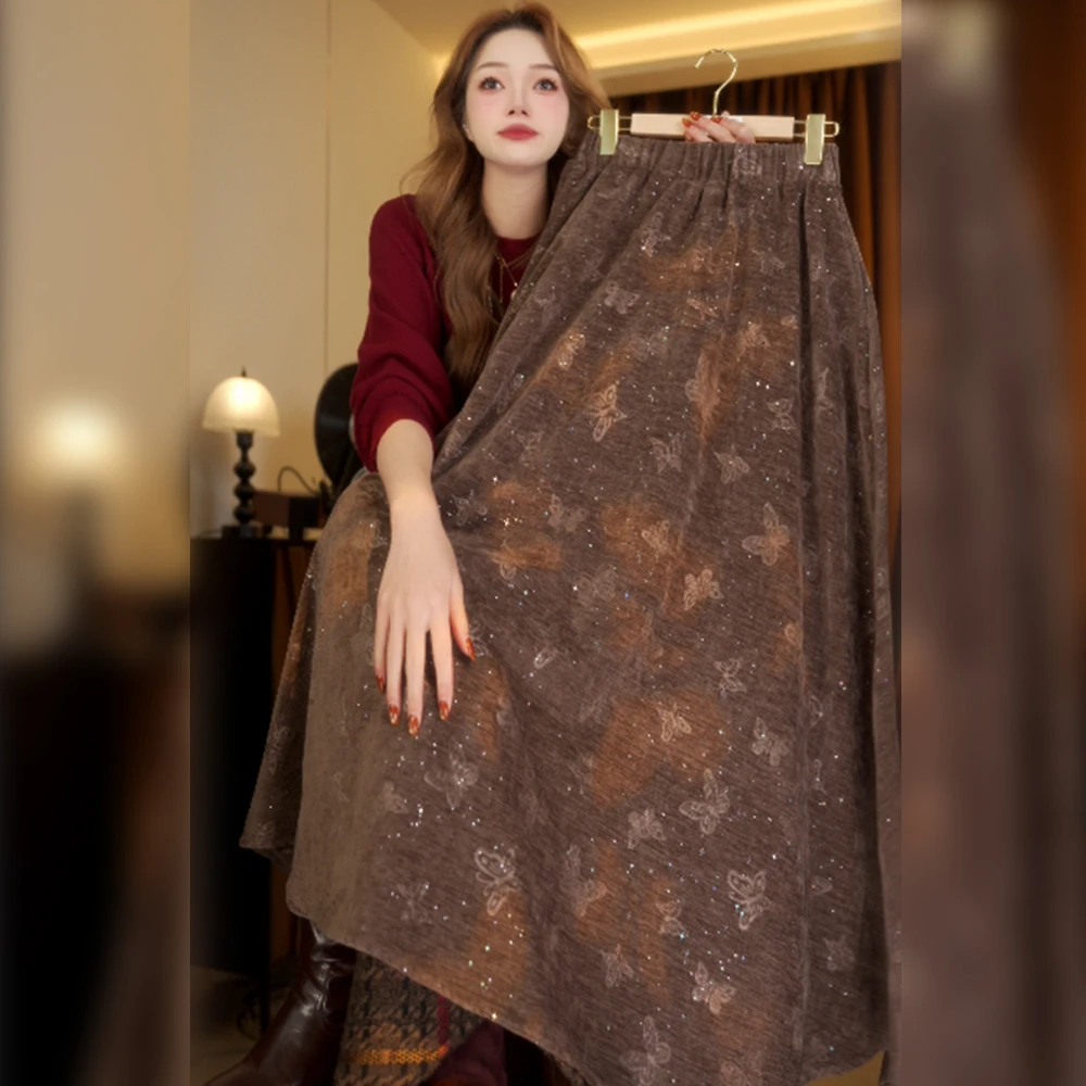 【GG专属】2025新款高腰长裙格子大摆裙半身裙时尚冬季半裙D8499