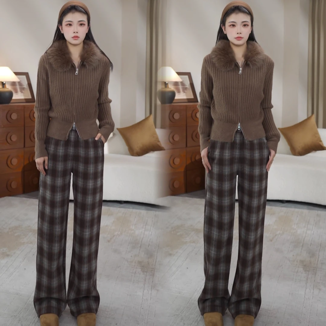 加绒加厚毛呢格子裤女2025秋冬直筒休闲裤宽松百搭显瘦阔腿裤