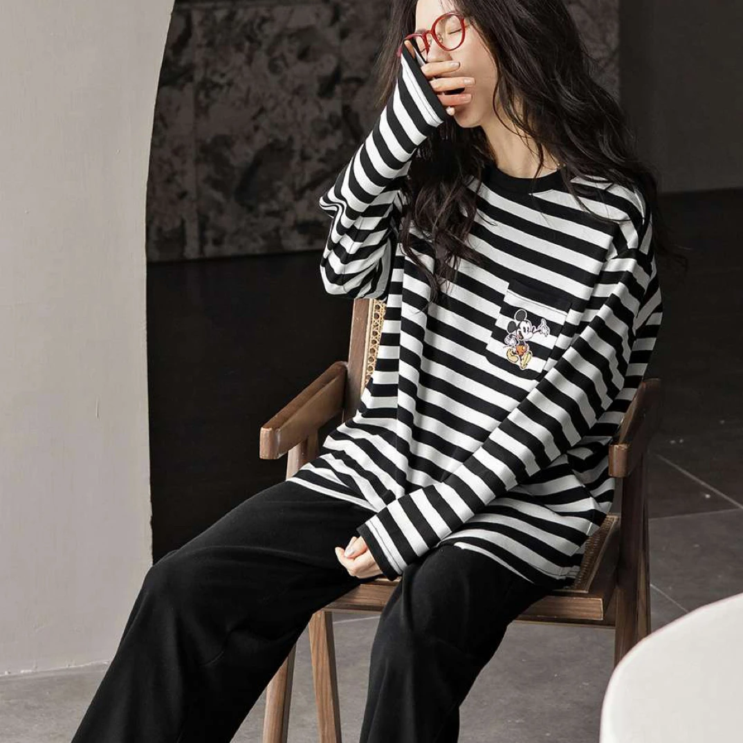 20969 女士柔软条纹棉长袖长裤圆领套头家居服