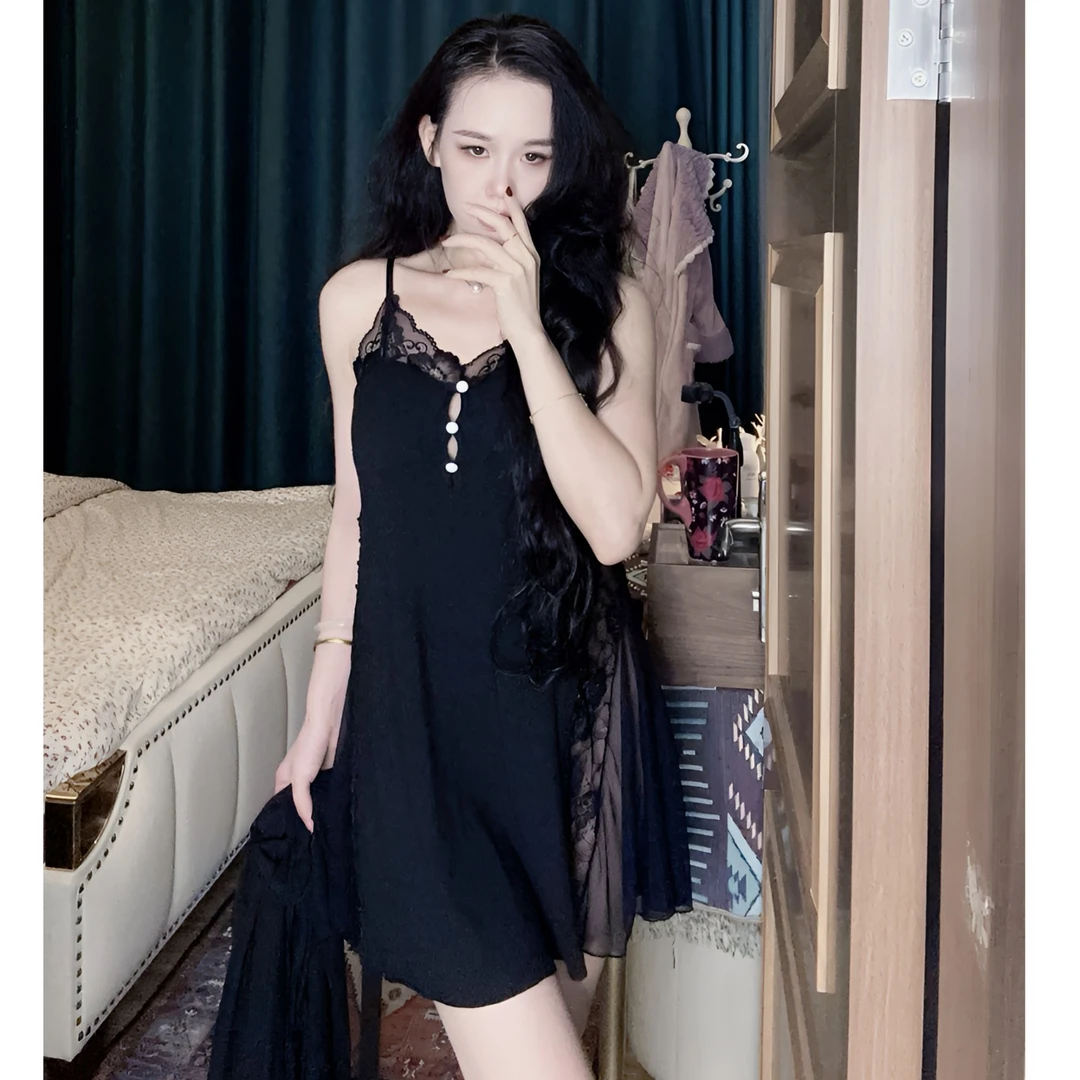 春夏睡衣女带胸垫睡裙黑色法式轻奢蕾丝纯欲风性感吊睡袍家居服