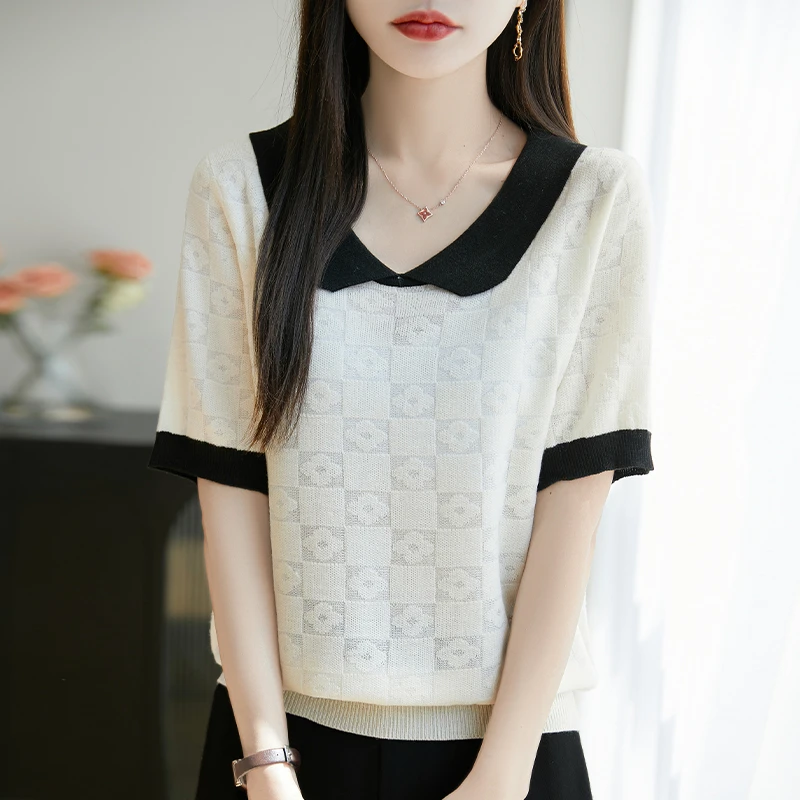 品牌翻领减龄薄款提花洋气短袖时尚夏季上衣设计感