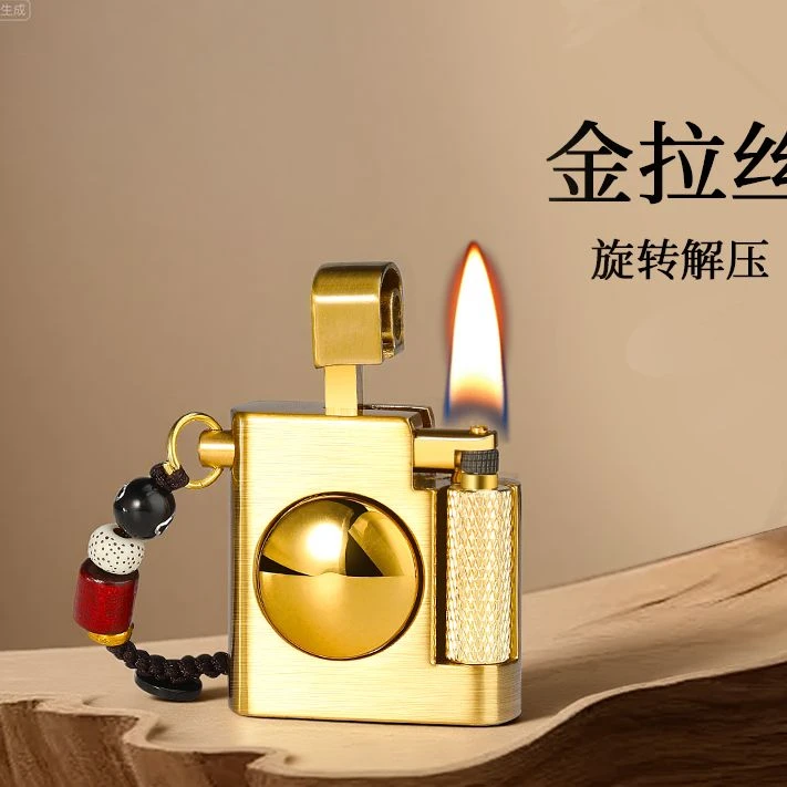 【七夕礼物】新款小方砖煤油打火机侧滑轮点火复古迷你便携明火陀螺