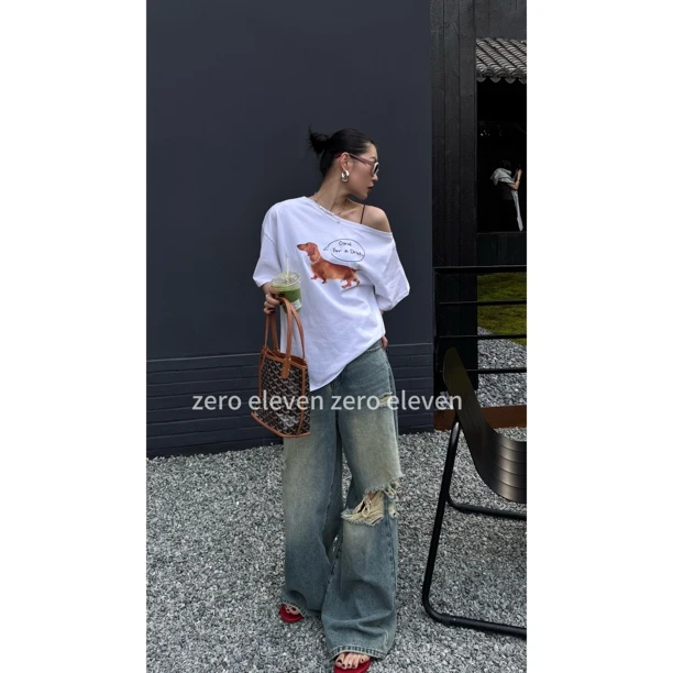zero eleven定制美式宽松设计感字母印花腊肠狗斜肩T恤夏 QMC1033