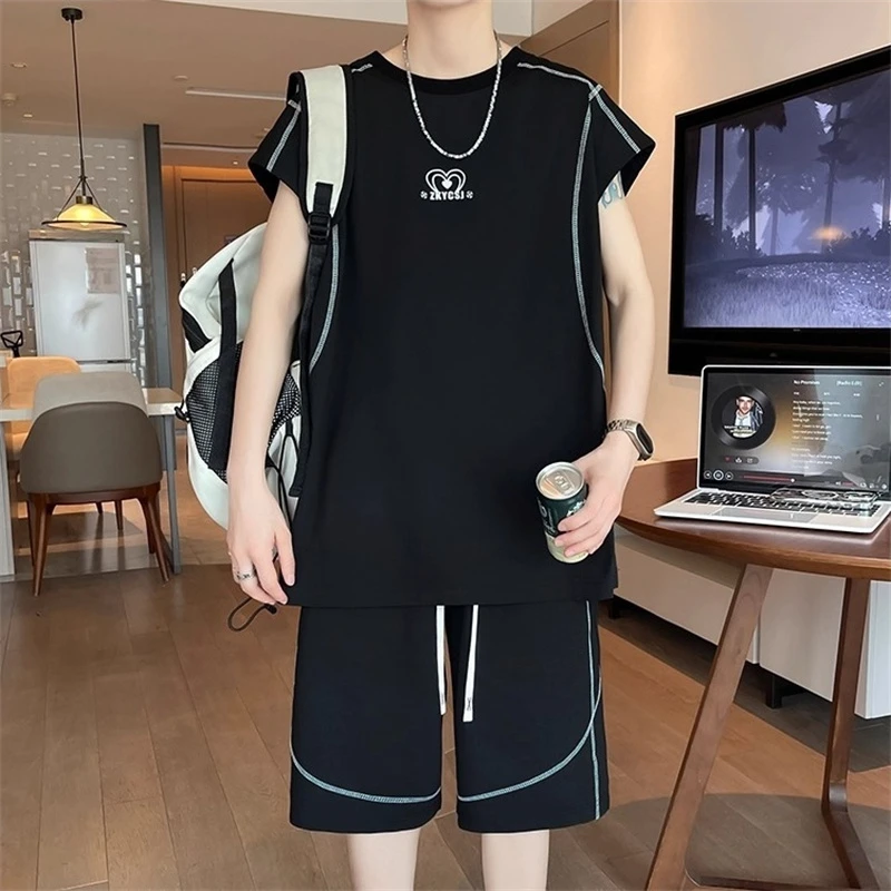 夏季无袖冰丝背心短裤套装青少年运动套装休闲帅气宽松运动两件套