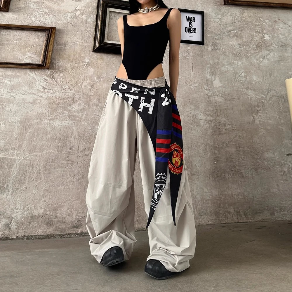 街舞屁帘女美式个性字母印花叠穿辣妹小众时髦腰带不对称腰封方巾