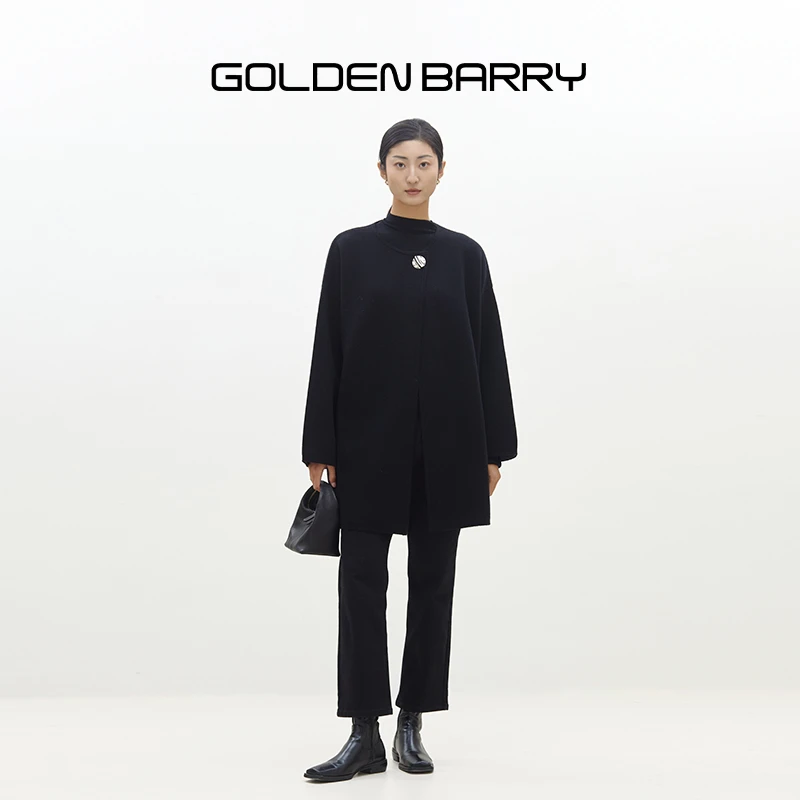 GOLDENBARRY|241185黑色气质秋冬毛呢设计师一粒扣毛织外套